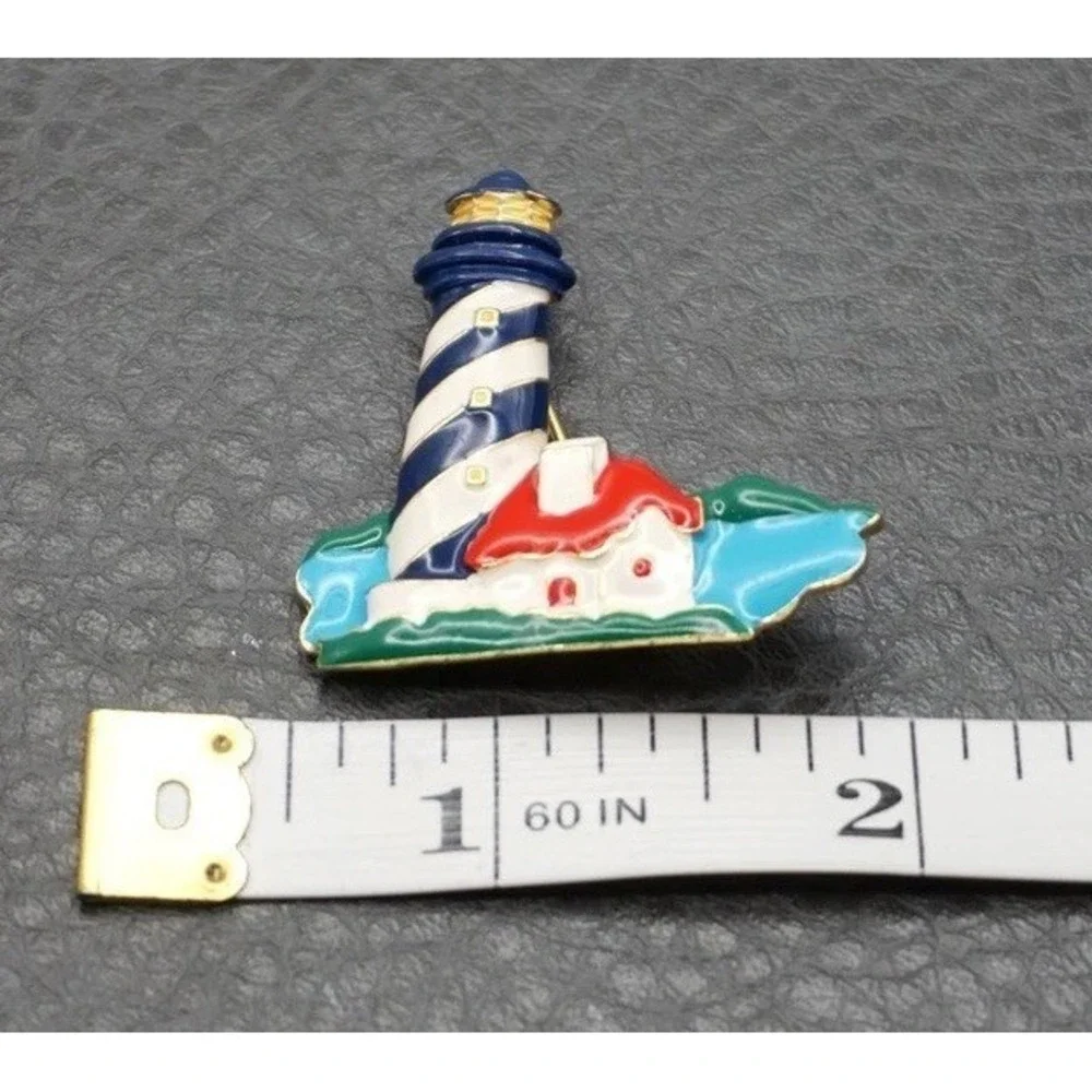 Vintage Enamel Lighthouse Pin Brooch Gold Tone Red White Blue